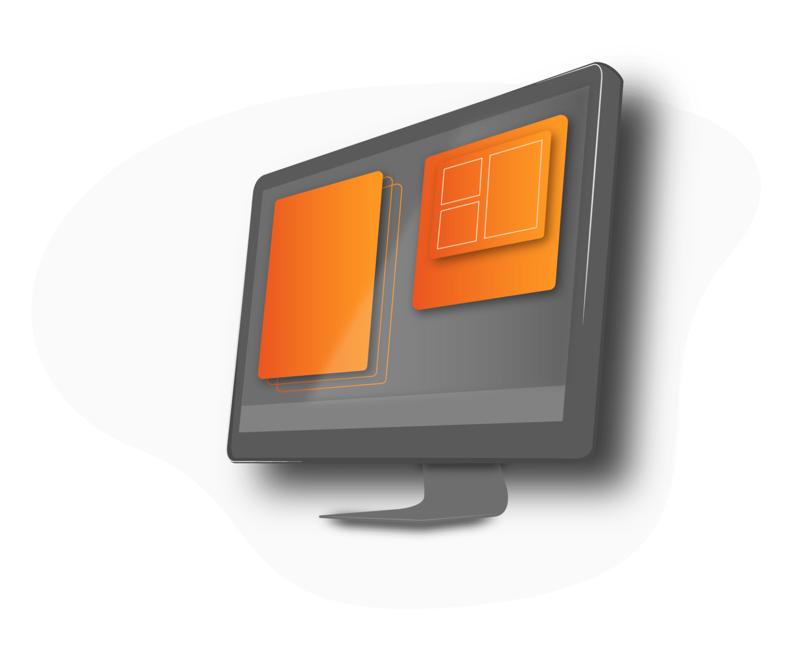 Graphic illustration of a desktop computer screen with orange boxes on the screen.