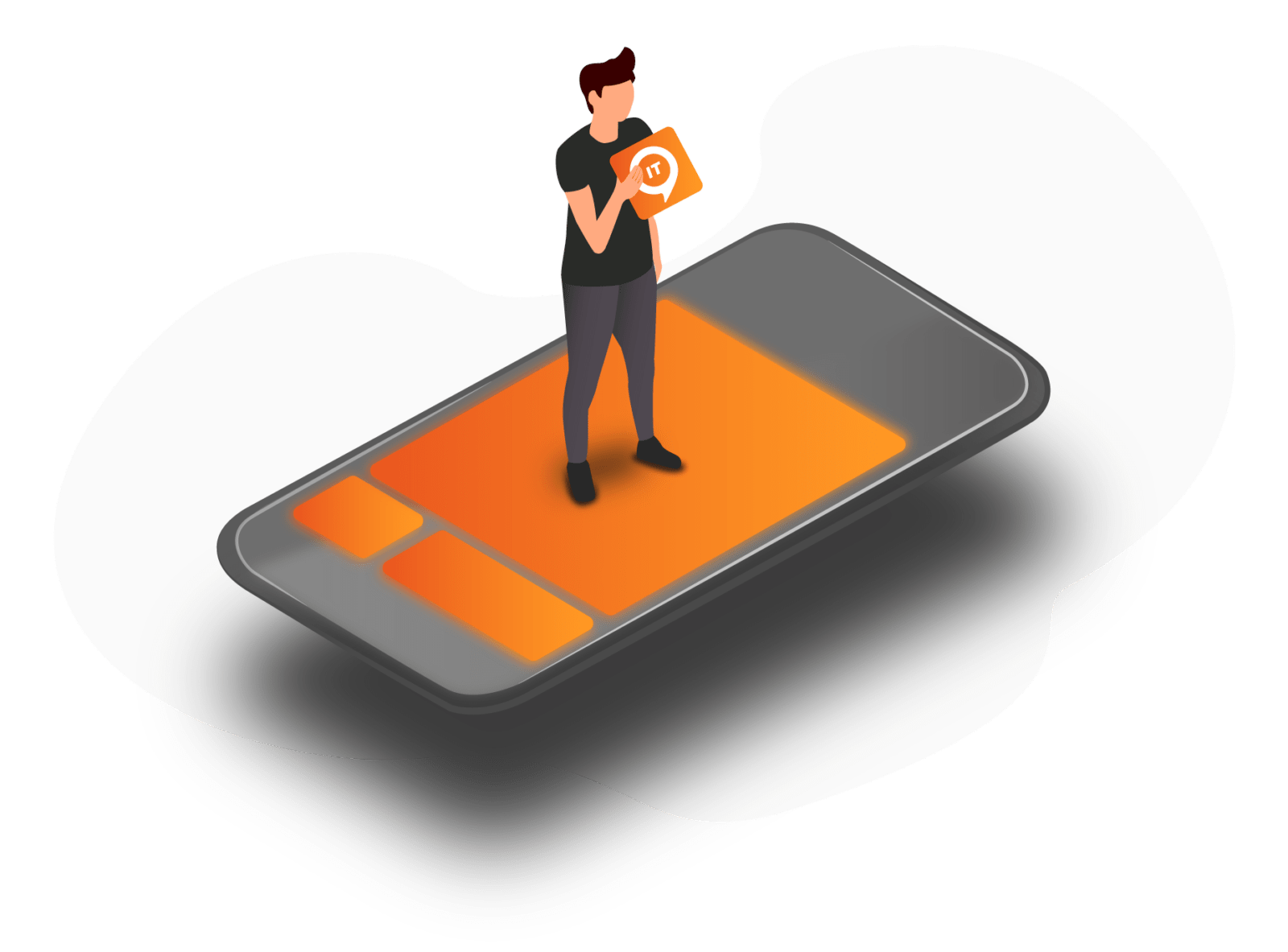 Grafisk illustration af en smartphone med tre orange bokse på. Ovenpå telefonen står en mand og holder en orange firkant med Iterator ITs logo i, uden tekst.