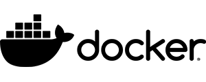 Teknologien Docker logo i sort virker som et eksternt link til Docker hjemmeside